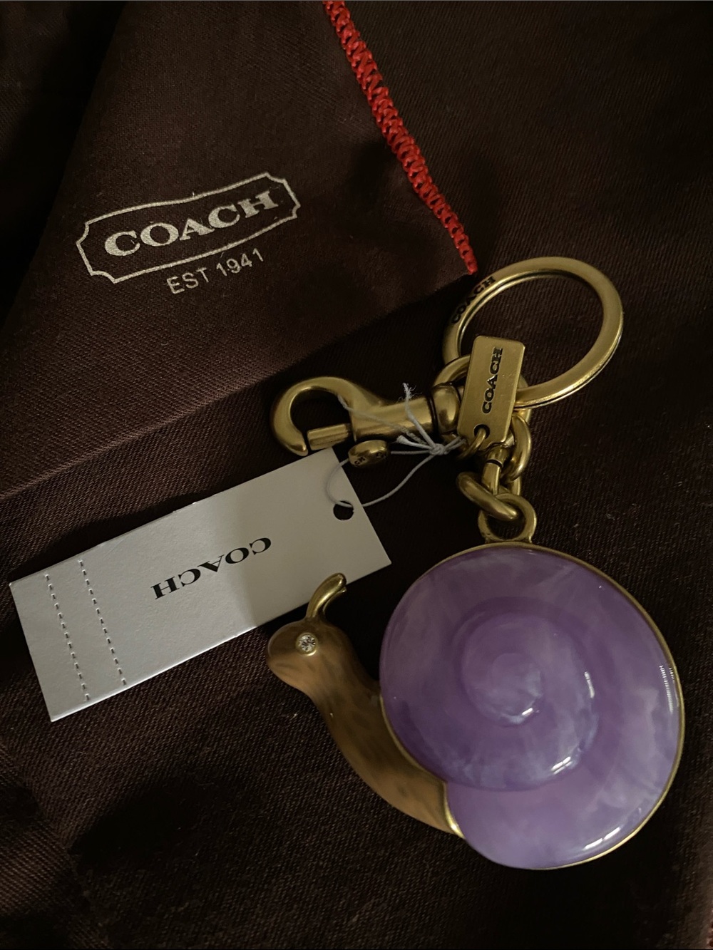 Coach Purple Enamel Snail Keychain Charm with Brass Hardware